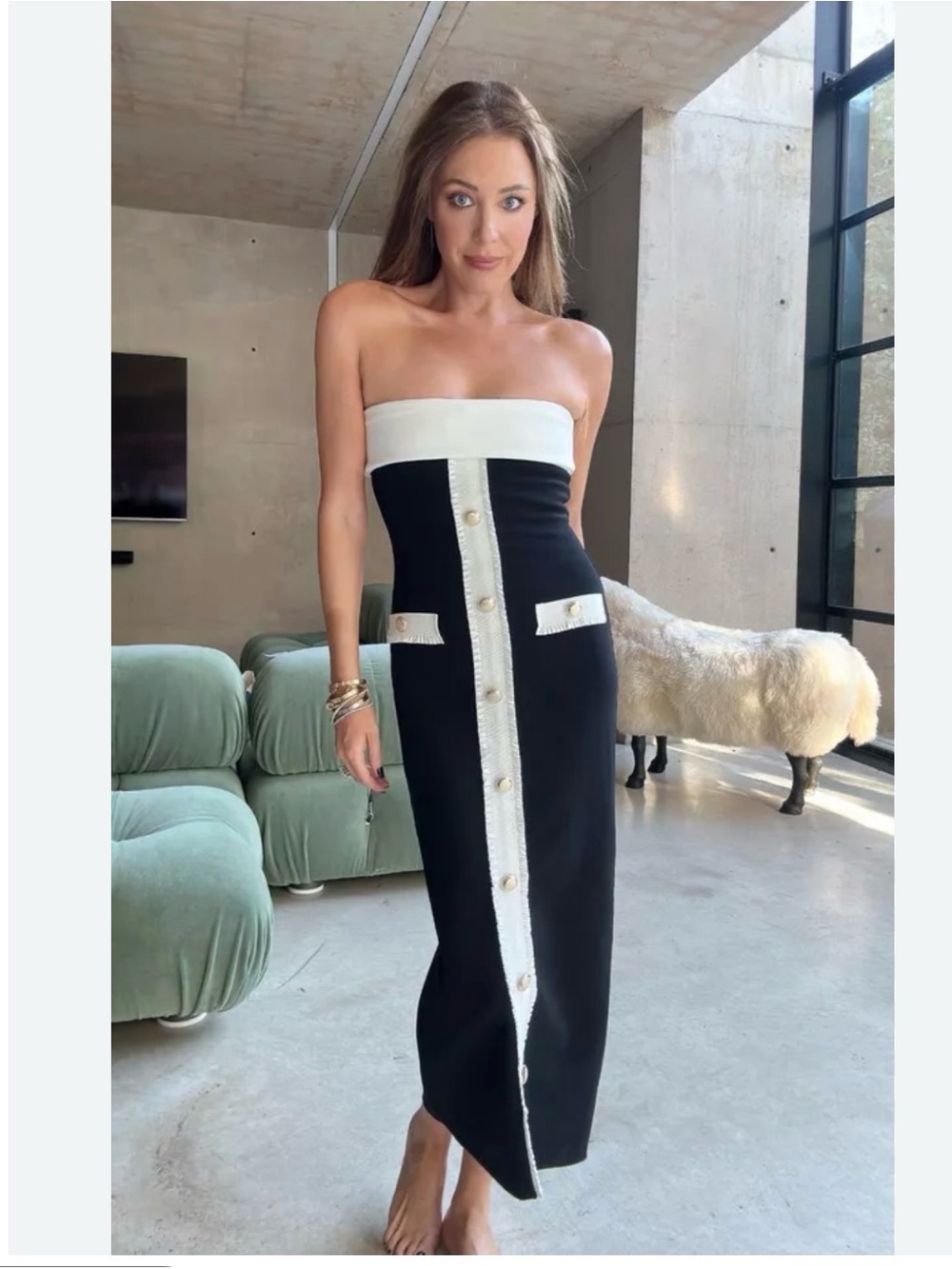 ZARA Strapless stretchy sculpt bandeau dress with gold button detail - Picture 12 of 13